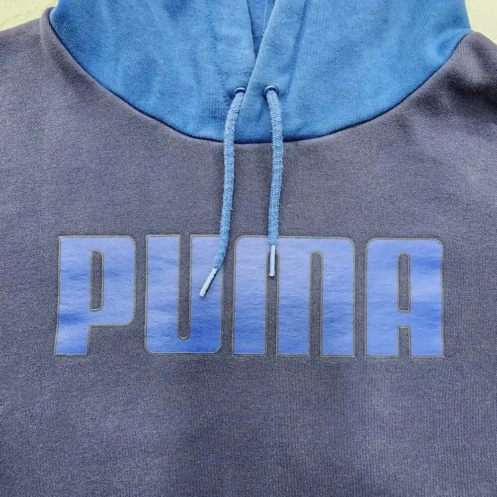 Puma Hoodie Mens XXL Blue Color Block Pullover Sweatshirt Logo Sporty Athleisure_2